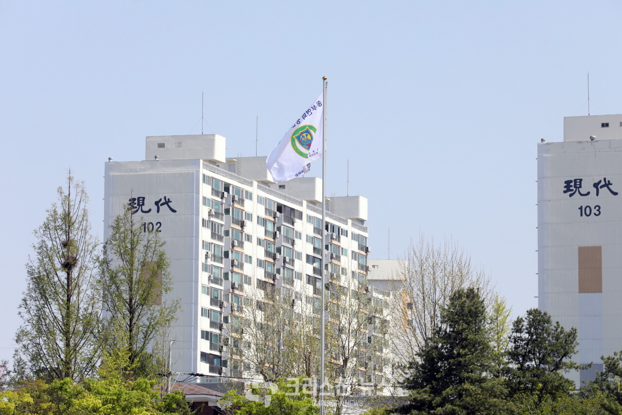 바람에 날리고 있는 대회기 모습